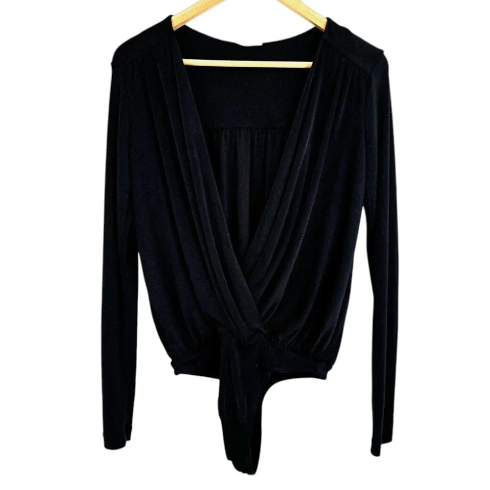 INTIMATELY FREE PEOPLE Black Thick Knit TURNT BODYSUIT TOP Deep V-Neck Thong S
